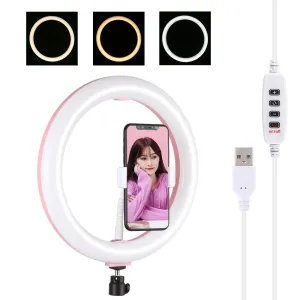 26cm USB 3 Modes Dimmable LED Ring Light with Phone Clamp | Pink