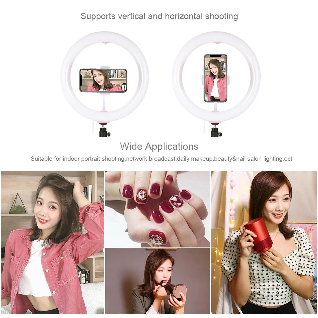 26cm USB 3 Modes Dimmable LED Ring Light with Phone Clamp | Pink