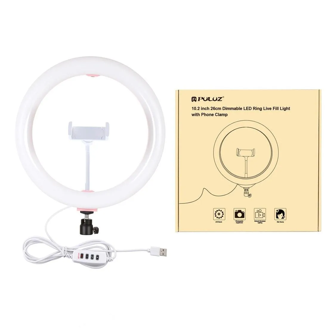 26cm USB 3 Modes Dimmable LED Ring Light with Phone Clamp | Pink