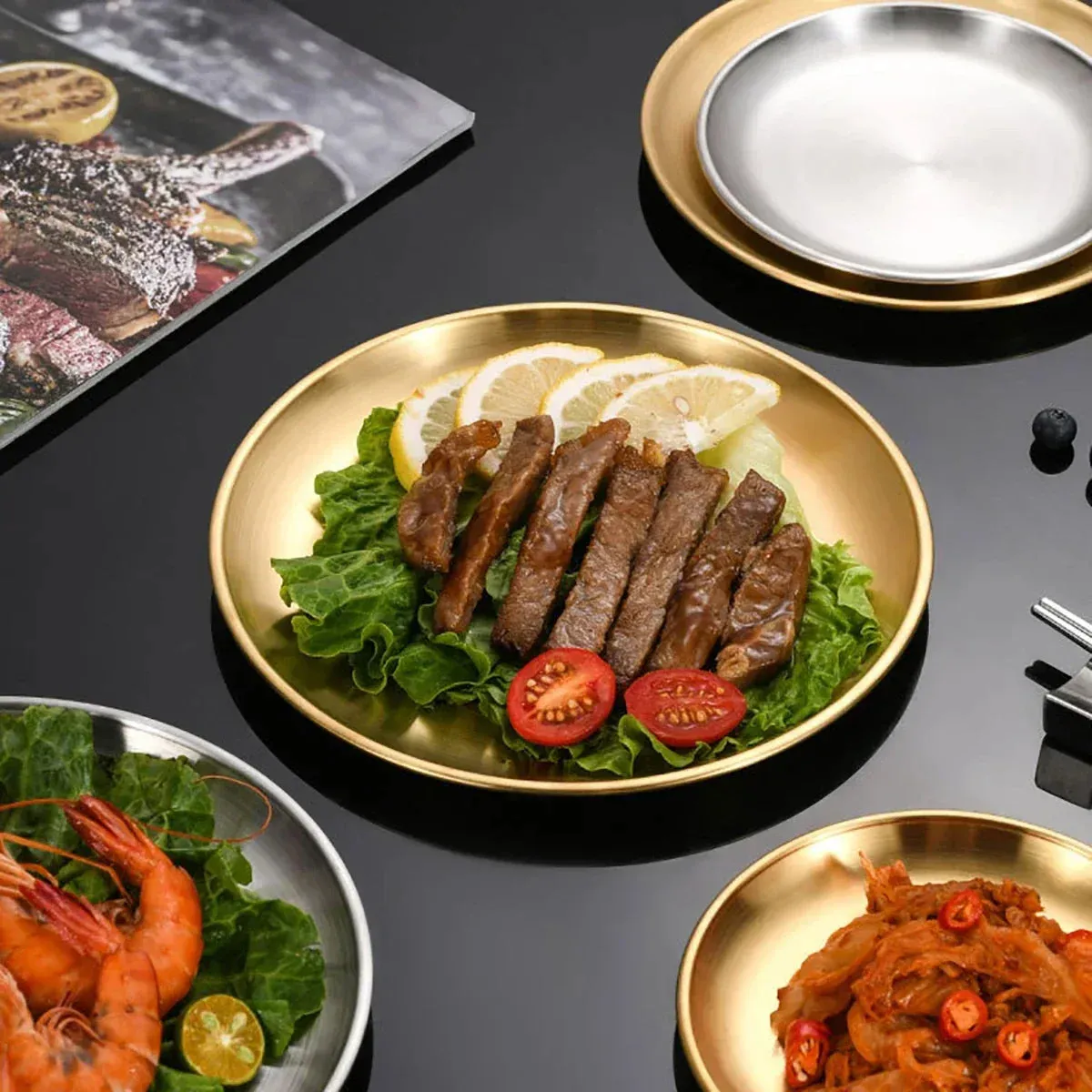 4 Piece Stainless Steel Bbq Plate Set For Meat Vegetables And Fruit