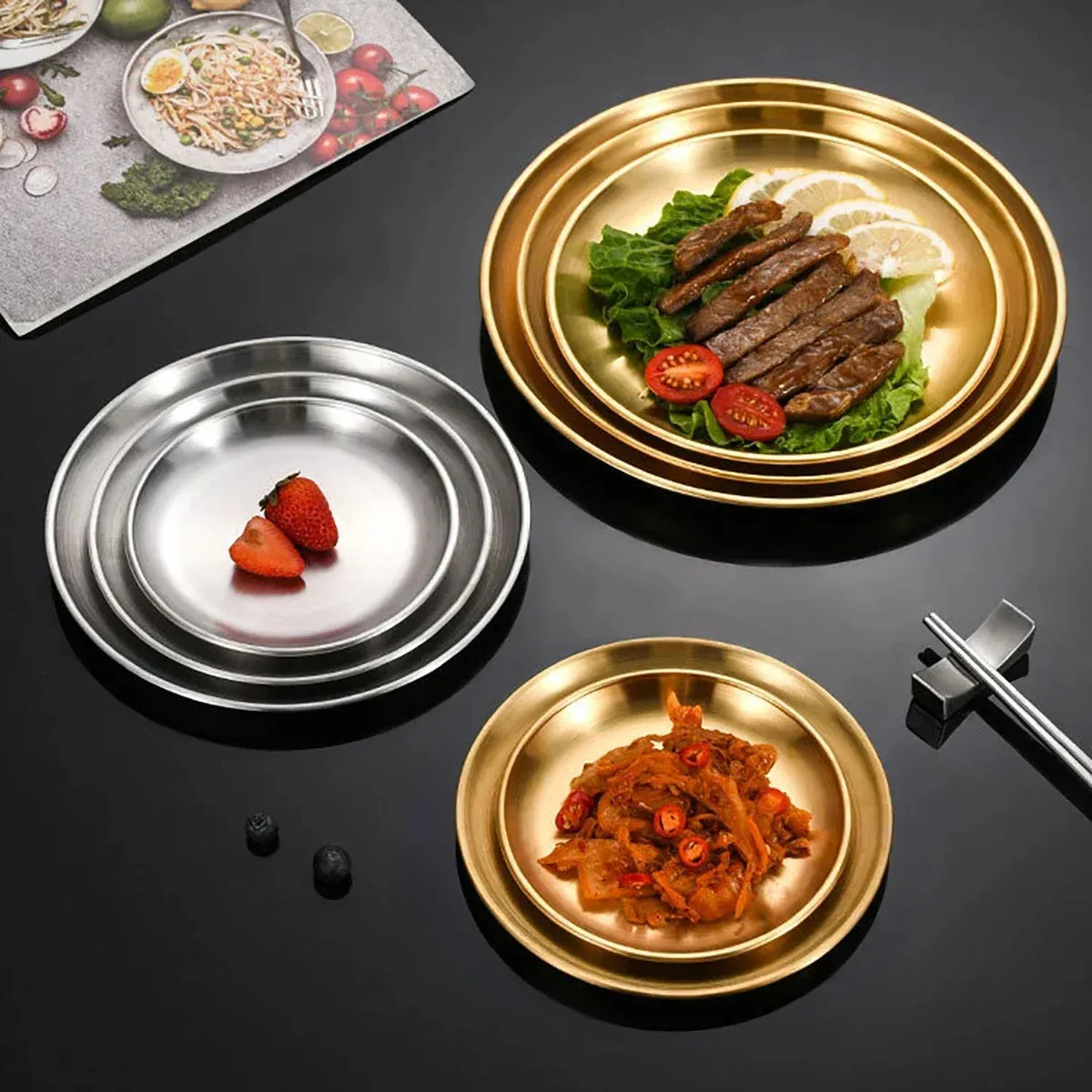 4 Piece Stainless Steel Bbq Plate Set For Meat Vegetables And Fruit