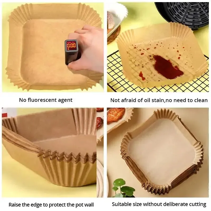 50pcs Air Fryer Parchment Paper Set for Steaming and Baking Disposable Wood Pulp Cheesecake and Air Fryer Accessories