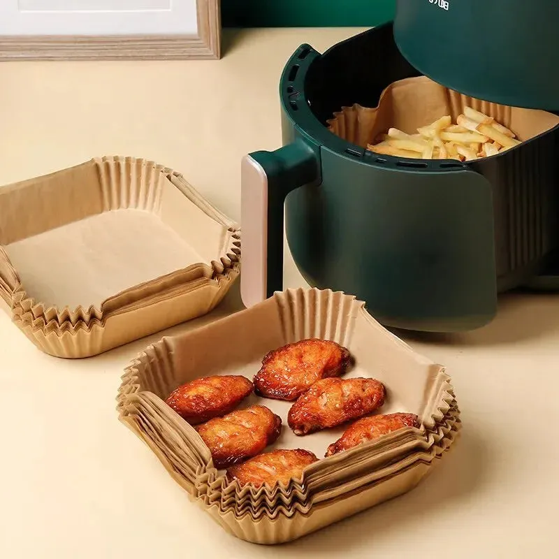50pcs Air Fryer Parchment Paper Set for Steaming and Baking Disposable Wood Pulp Cheesecake and Air Fryer Accessories