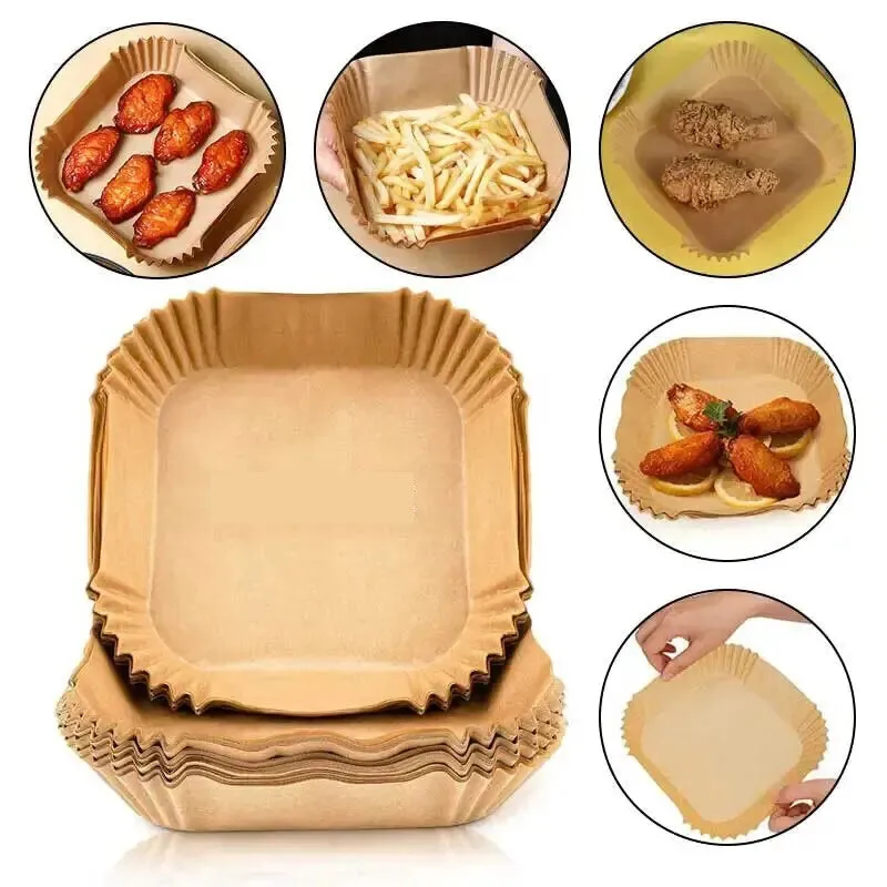 50pcs Air Fryer Parchment Paper Set for Steaming and Baking Disposable Wood Pulp Cheesecake and Air Fryer Accessories