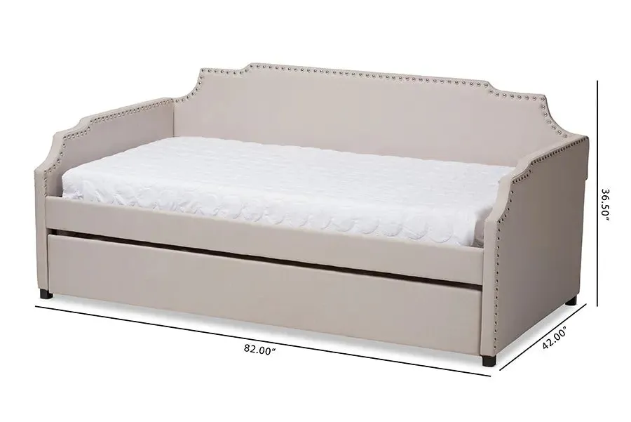 Francesca Beige Fabric Upholstered Twin Size Sofa Daybed w/Roll Out Trundle Guest Bed