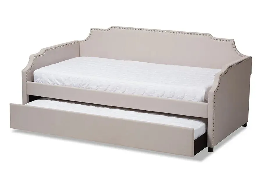 Francesca Beige Fabric Upholstered Twin Size Sofa Daybed w/Roll Out Trundle Guest Bed