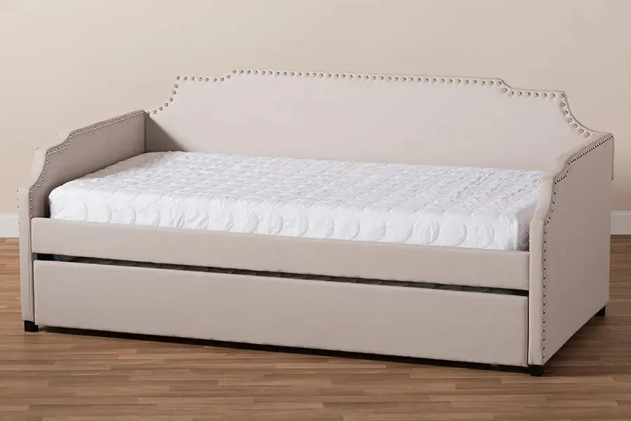 Francesca Beige Fabric Upholstered Twin Size Sofa Daybed w/Roll Out Trundle Guest Bed