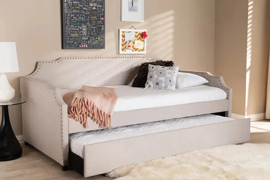 Francesca Beige Fabric Upholstered Twin Size Sofa Daybed w/Roll Out Trundle Guest Bed