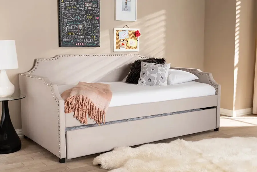 Francesca Beige Fabric Upholstered Twin Size Sofa Daybed w/Roll Out Trundle Guest Bed