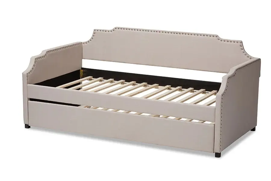 Francesca Beige Fabric Upholstered Twin Size Sofa Daybed w/Roll Out Trundle Guest Bed