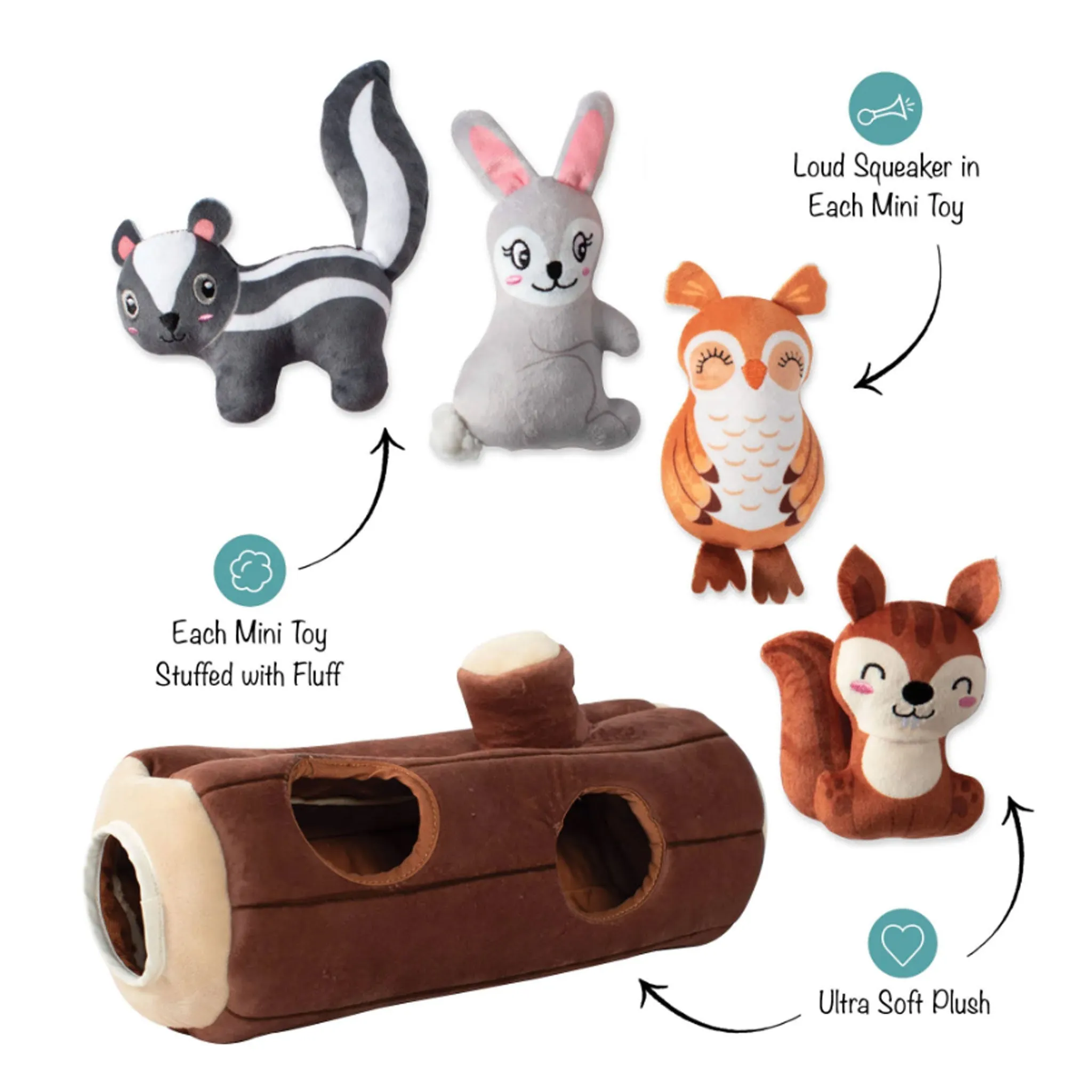 Fringe Log and Forest Animals Burrow Dog Toy