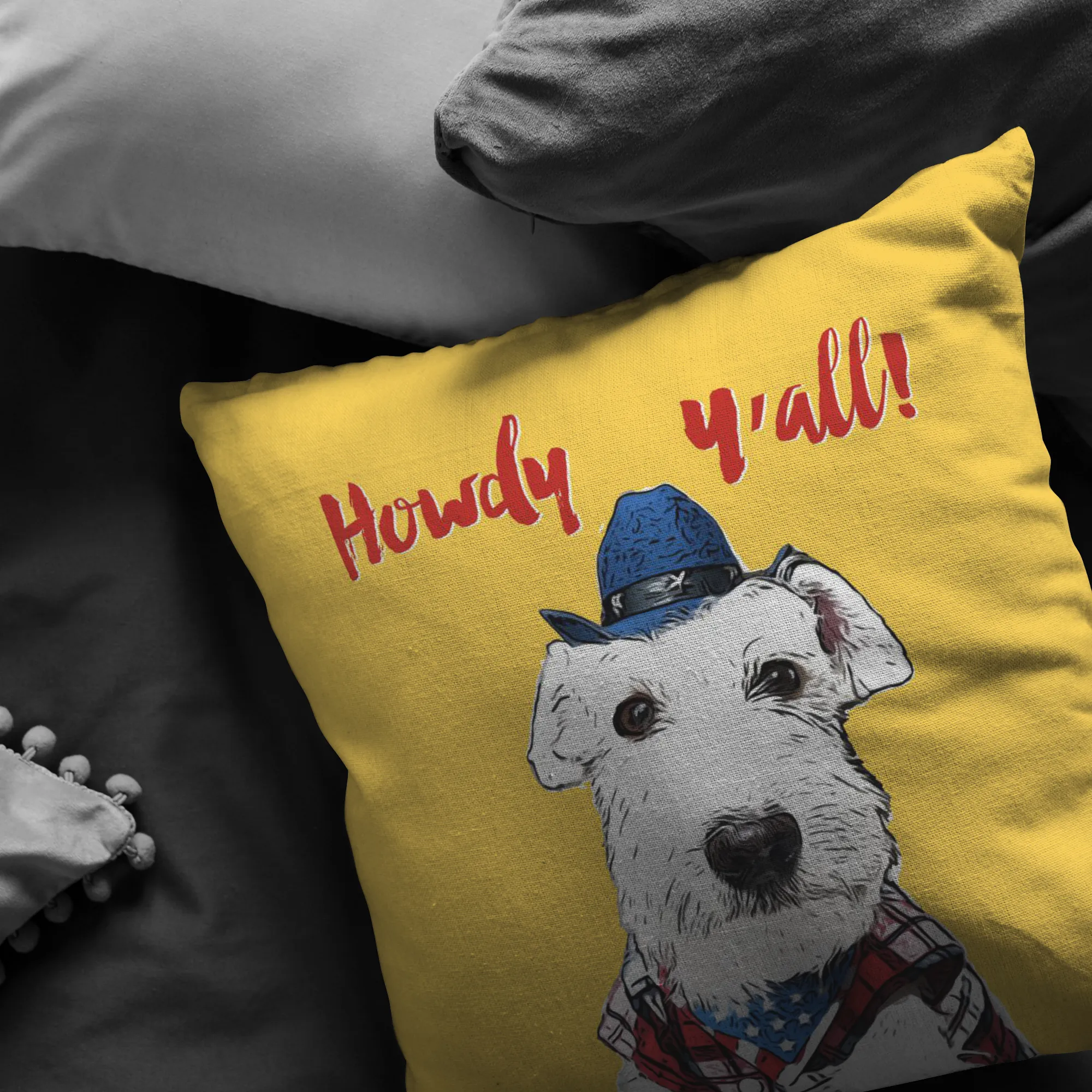 Howdy Y'all White Schnauzer Cowboy Yellow Pillow