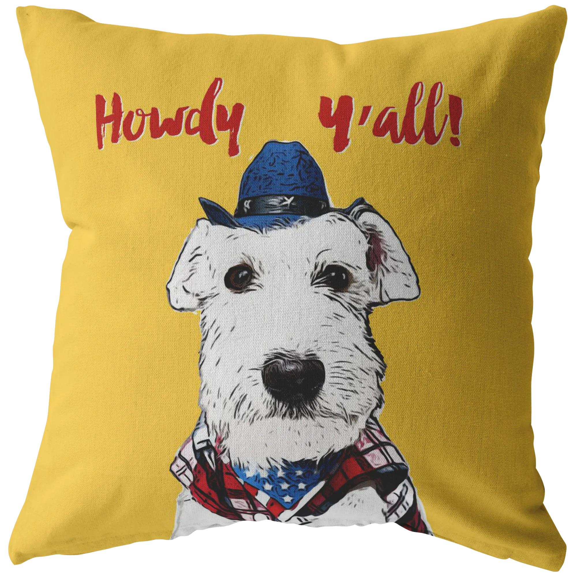 Howdy Y'all White Schnauzer Cowboy Yellow Pillow