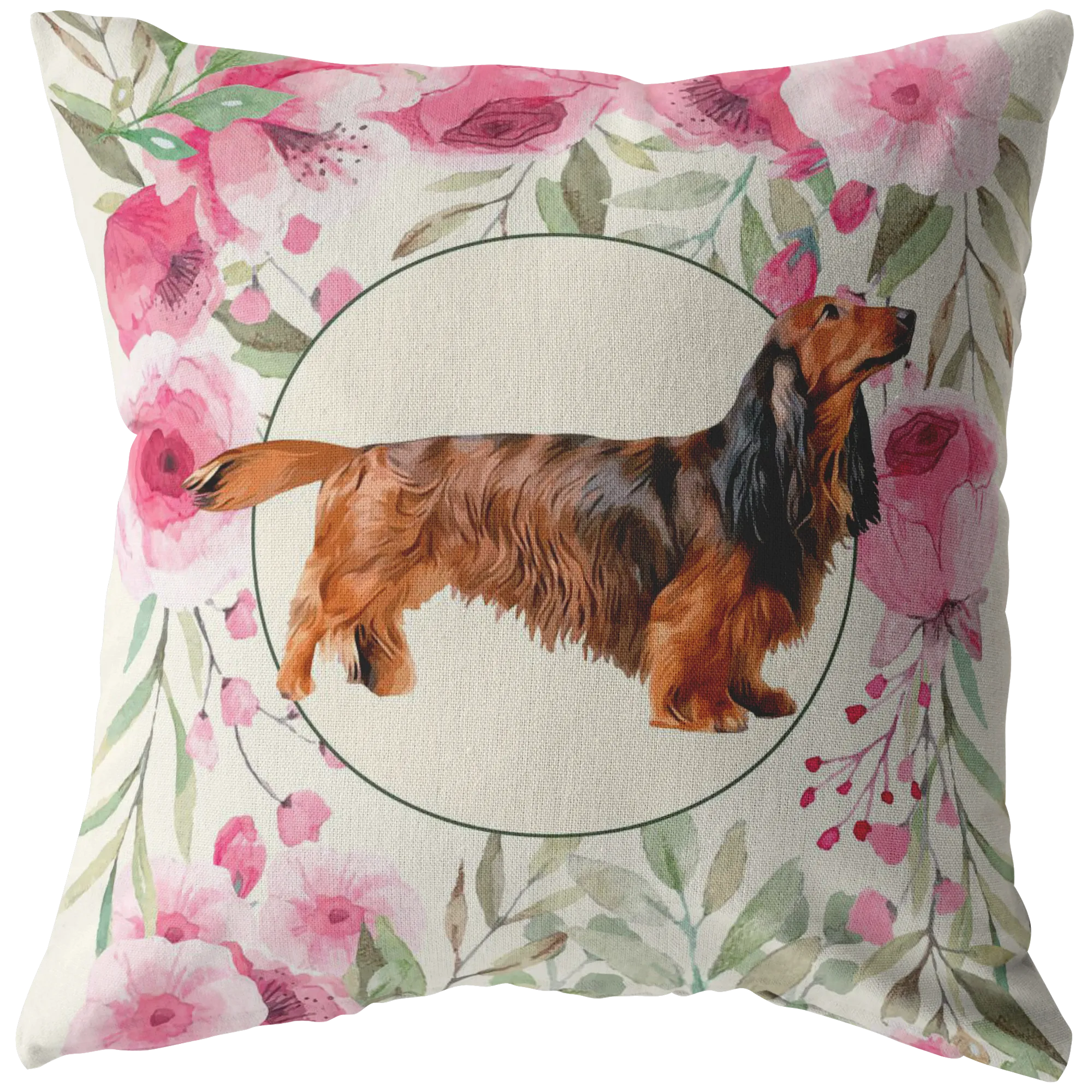 Long Haired Dachshund - Roses Garden Pillow