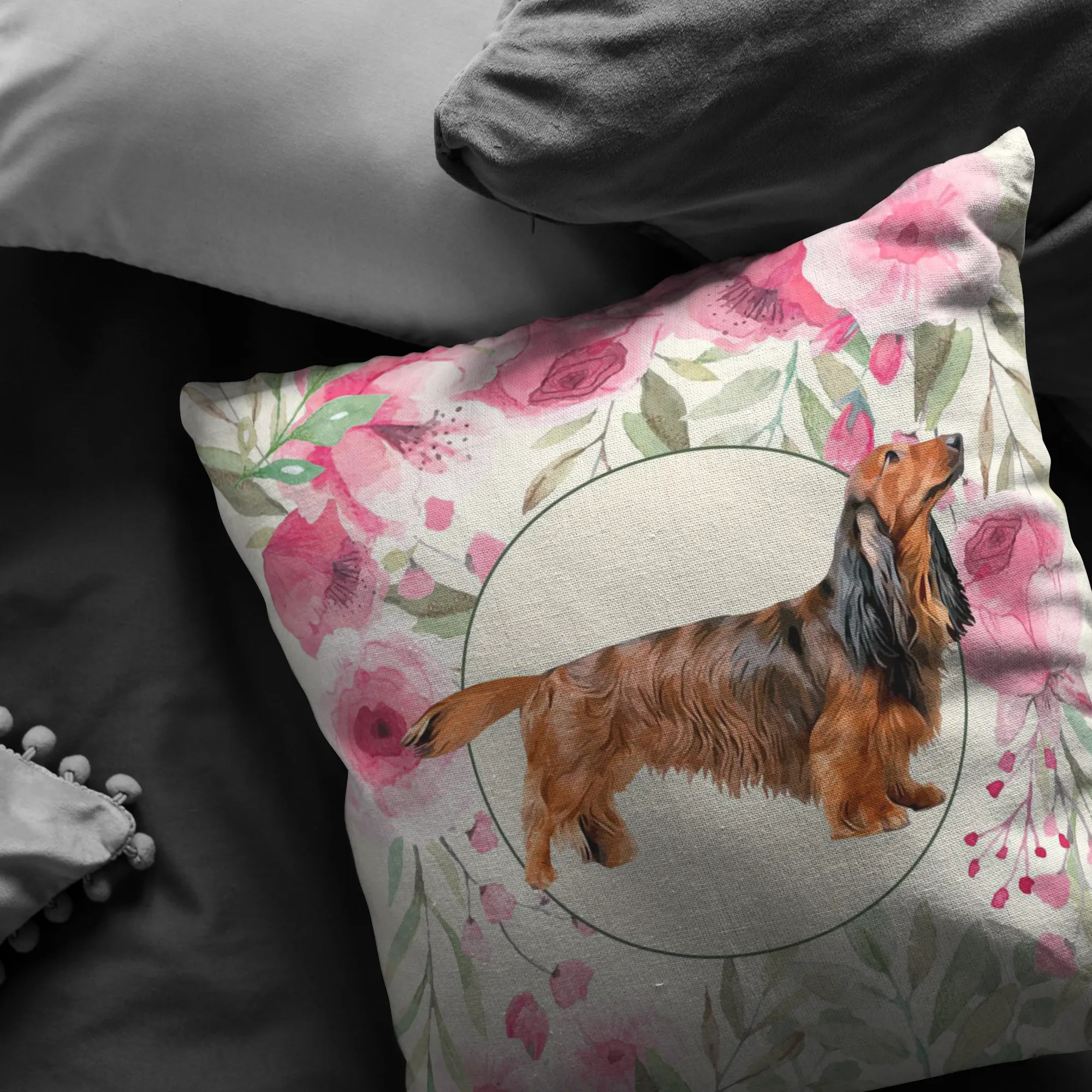 Long Haired Dachshund - Roses Garden Pillow