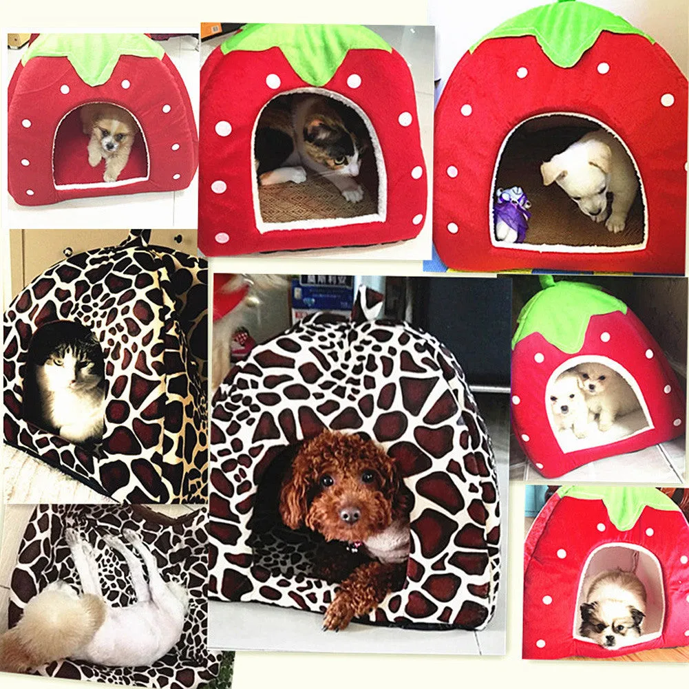 Soft Pet Cat House Leopard Strawberry Dog Bed Cute Animal Nest Foldable Puppy Dog Kennel Cat Bed High Quality